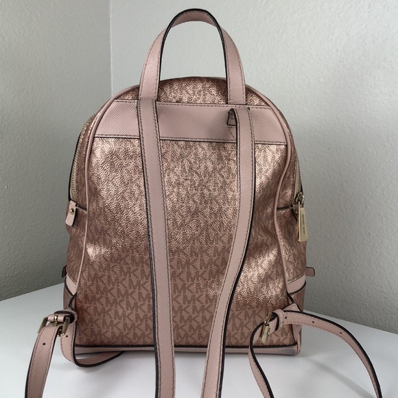 Michael Kors Backpack Women’s Bags Rose Gold MK Logo Print Foil Shimmer - Picture 6 of 17